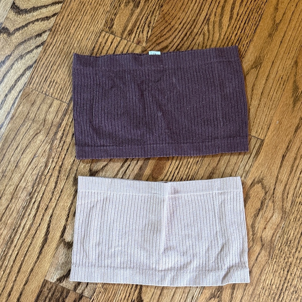 Set of Two Ribbed Bandeau Tops in Purple and Beige